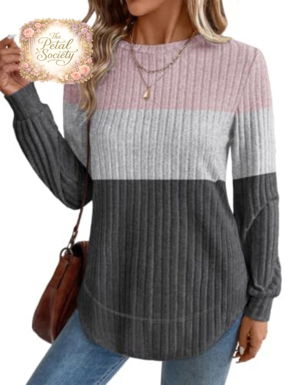 Womens Tunic Sweater Crew Neck Long Sleeve Curved Hem Loose Fit Pullover